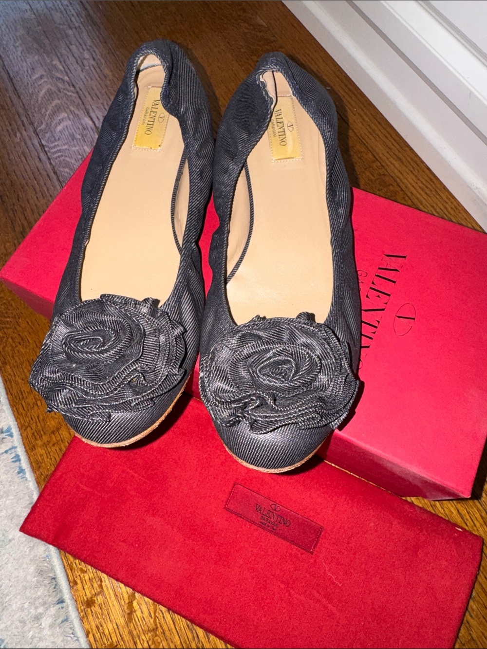 Valentino Black Denim Floral Rosette Ballet Flats